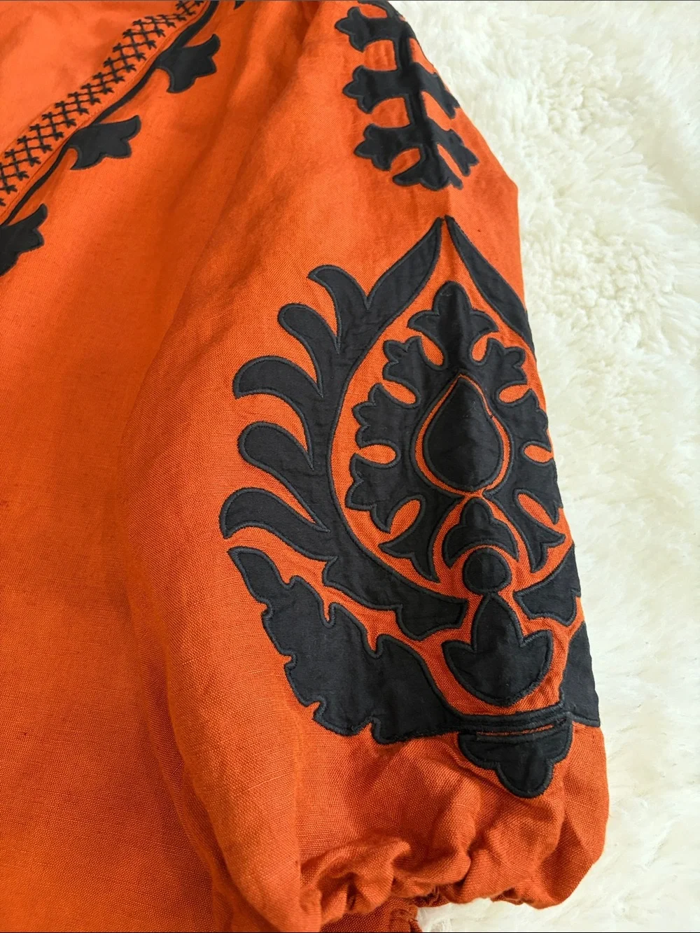 Chico's Burnt Orange Open Embroidered Cardigan with Black Motifs,Size L
